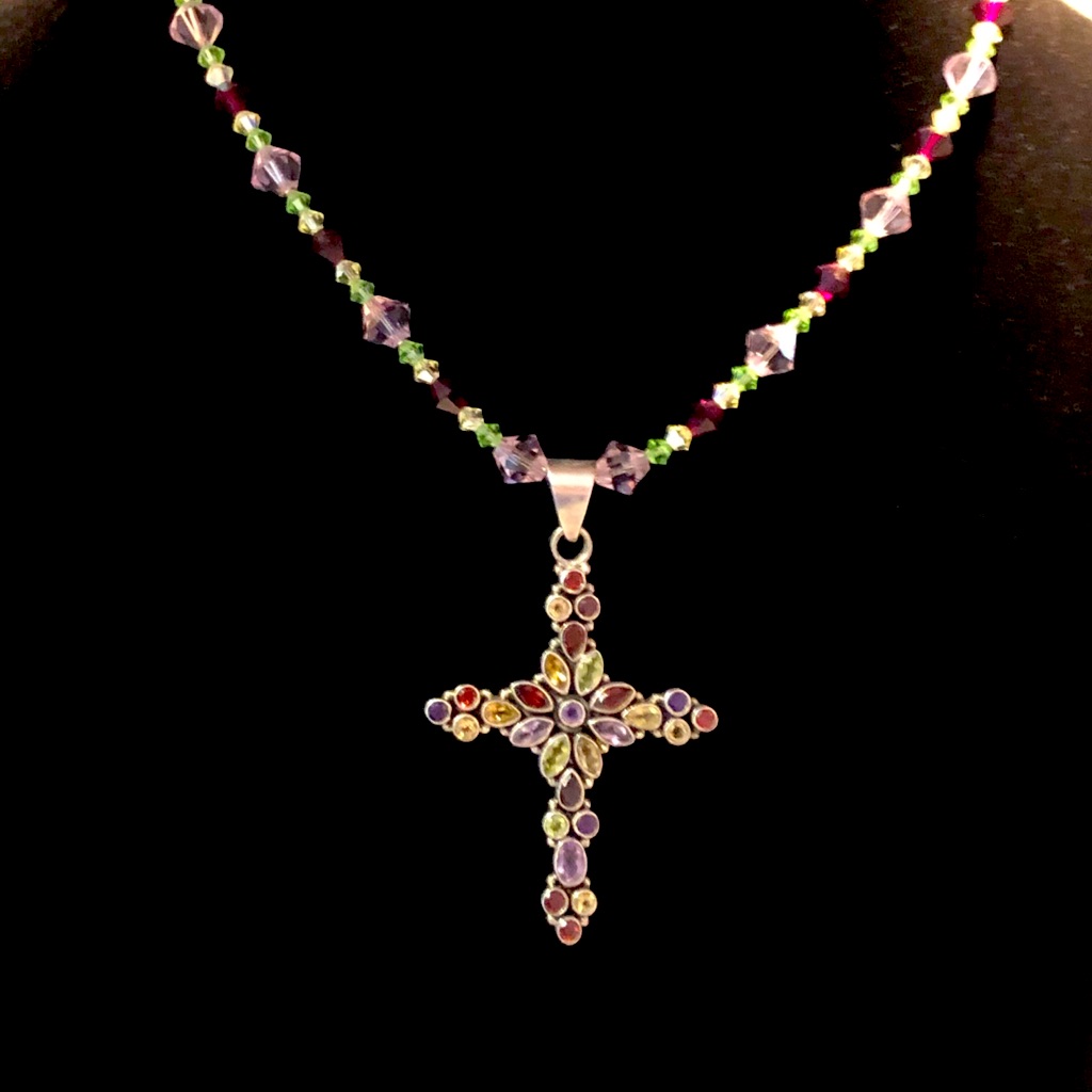 Bali Sterling Silver Multi Gemstone Pendant With Swarovski Crystal